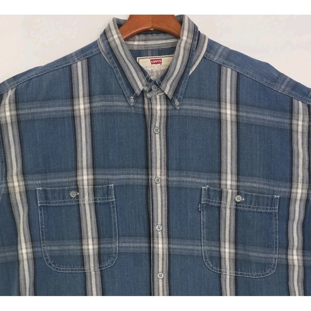 VTG Levi's Blue Tab Denim Striped Plaid Metal Button Front Shirt Heavy Grunge XL